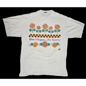 Vintage Nature Graphic Tee Shirt Bee Happy Sunflower Puff Print White USA 90s 2X